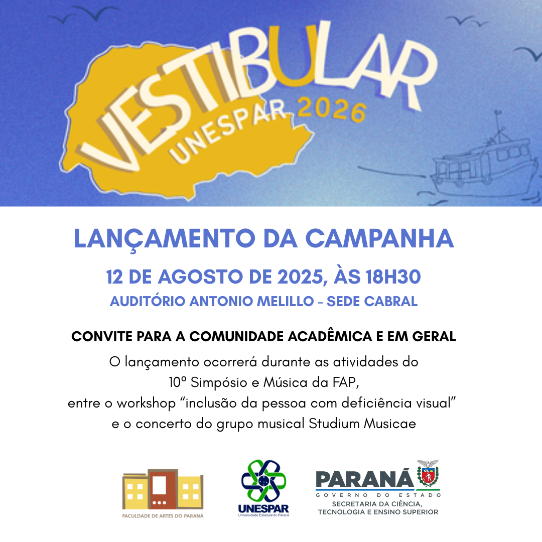 A programação acontecerá no Campus de Curitiba II - R. dos Funcionários, 1357, Auditório Antônio Melillo. Ocorrerá durante as atividades do 10º Simpódio e Música da FAP, às 18h30, entre o workshop.png
